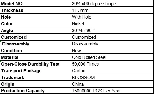 45mm self closing Cold Rolled Steel clip on cabinet hardware spec table Model 30°45°90° CLIP ON for kitchen wardrobe cabinet